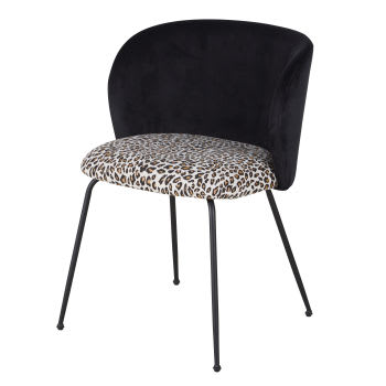 Kate - Chaise en velours noir jacquard léopard et pieds en acier noir