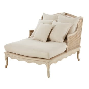 Meredith - Chaise longue in rattan e lino grigio chiaro