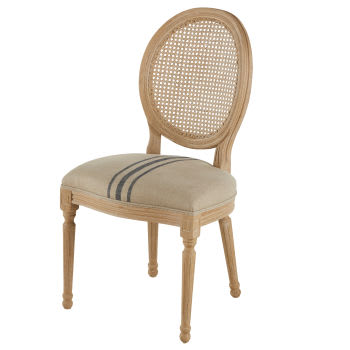 Louis - Chaise médaillon cannée en lin beige et gris et bois de frêne massif