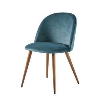 Mauricette - Chaise vintage en velours bleu paon et métal imitation chêne