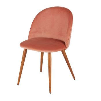 Mauricette - Chaise vintage en velours recyclé rose et métal imitation chêne foncé