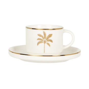 Lote de 2 - Chávena de café e pires em porcelana branca com motivo de palmeira dourada e castanha