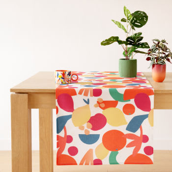LEIREIA - Chemin de table en coton biologique imprimé fruits multicolores 50x150