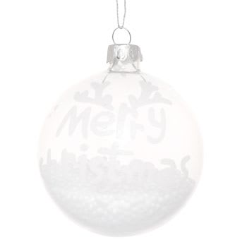 Set aus 6 - Christbaumkugel „Merry Christmas“ aus transparentem und weißem Glas