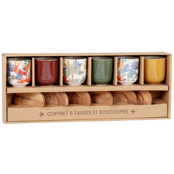 AQABA - Coffret tasses en céramique multicolore (x6) soucoupes en bois d'acacia