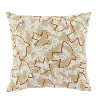 Cojín de algodón con motivos de hojas en beige y pájaros terracota, 45x45