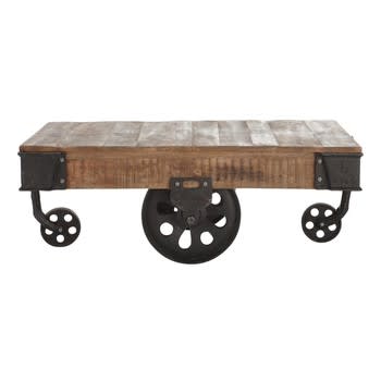 Colorado - Tavolo basso stile industriale a rotelle in massello di mango e metallo L 130 cm