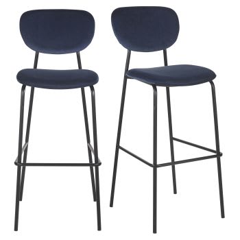 Oscarine Business - Conjunto de 2 cadeiras de bar profissionais em veludo azul-marinho e metal preto