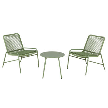 Conjunto de 2 sillones de exterior de resina reciclada y mesa baja de acero verde