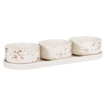 SUZANNA - Conjunto de 3 tigelas de aperitivos em grés branco com manchas douradas