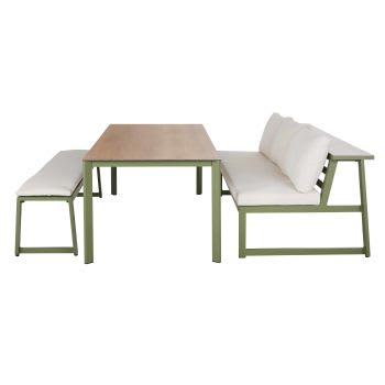 Conjunto de banco de exterior de aluminio verde caqui y cojines color crudo, 1 banco y 1 mesa