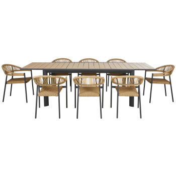 Conjunto de mesa extensible de exterior de aluminio efecto madera y 8 sillas en gris antracita y beige