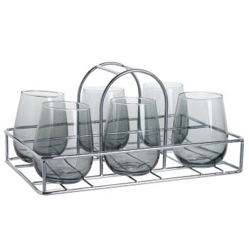 Copos em vidro com degradê branco e transparente (x6) e tabuleiro em metal