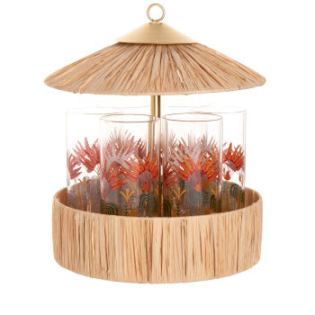 AQABA - Copos em vidro transparente com motivos de palmas multicolores (x6) e suporte em forma de cabana em fibra vegetal