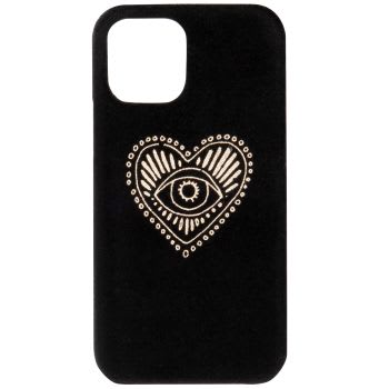 Coque Iphone 12 noire, imprimé cœur doré