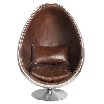 Coquille - Eiförmiger Sessel im Industriestil, braun Lederbezug
