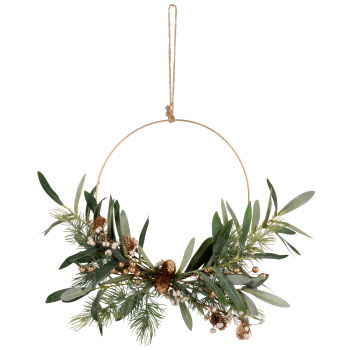 Coroa de Natal com folhagem em verde e dourado