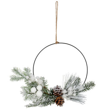 NATURAL CHRISTMAS - Coroa de Natal em metal preto com ramos artificiais brancos e verdes