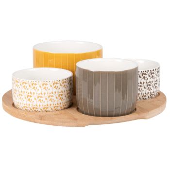 MARISOL - Coupelles apéritives en céramique grise, blanche et jaune (x4) et plateau en bambou