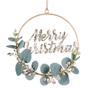 Couronne de Noël feuillage vert et doré avec mots à paillettes