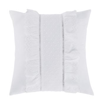 BIANCA - Coussin en coton blanc avec volants et plumetis 45x45