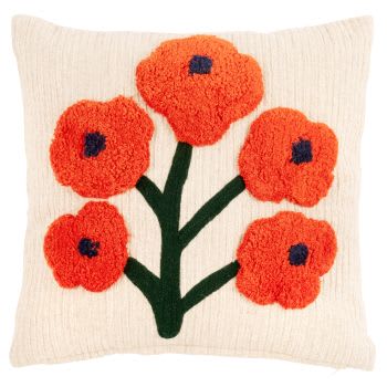 Dahlia - Coussin en coton et lin mélangé à motif floral tufté écru, orange et vert 40x40