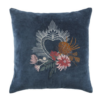 ROGGIA - Coussin en velours de coton bleu marine motif floral brodé multicolore 50x30