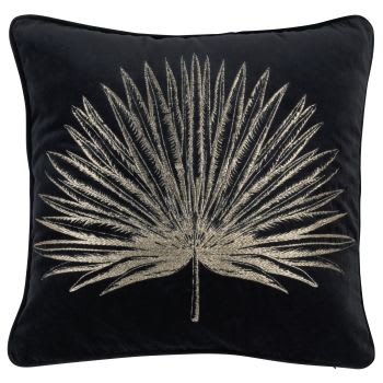 LINDERO - Coussin en velours de coton noir feuille de palme dorée brodée 45x45