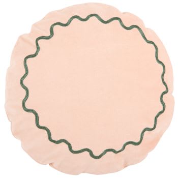 Rosa - Coussin rond en velours de coton rose et broderie ondulée verte D40