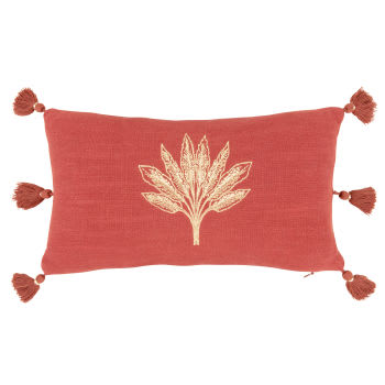 TACHA - Coussin rouge motif palmier brodé doré et pompons 20x35