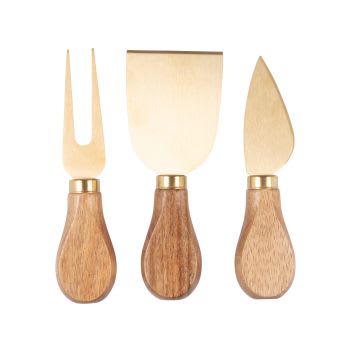 Cuchillos para queso, madera de acacia y acero inoxidable dorado (x3)