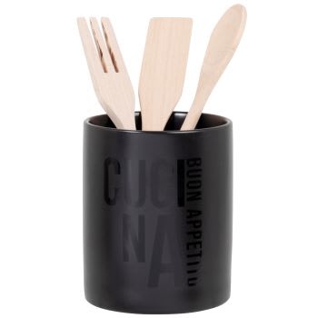 CUCINA - Recipiente de gres y bambú para utensilios en negro