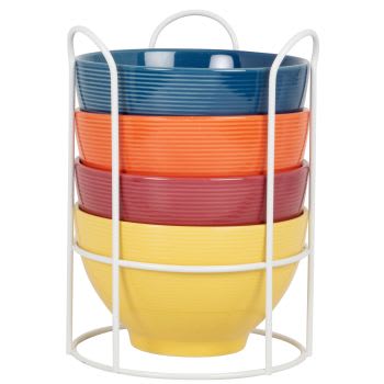 FILIPA - Cuencos de gres amarillo, azul y naranja (x4) con soporte de metal