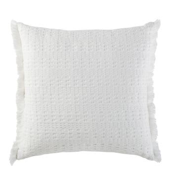 NYDIA - Cuscino in cotone bio goffrato bianco a frange 45 cm x 45 cm