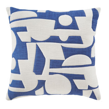 Cuscino in cotone trapuntato écru e blu con motivi grafici 45x45 cm