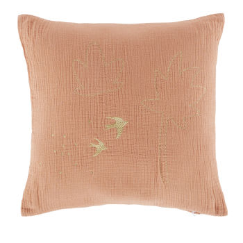 Cuscino in garza di cotone biologico color terracotta con motivi dorati ricamati 40x40 cm