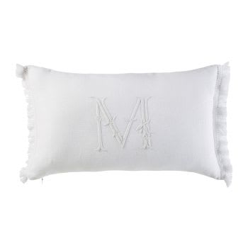 ANTAN - Cuscino in lino bianco lettera ricamata a frange, 30x50 cm