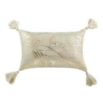 FOLAH - Cuscino in lino con stampa foglie dorata e bianca e pompon 40x25 cm