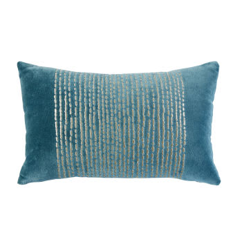 SACRAMENTO - Cuscino in velluto blu anatra con motivi grafici ricamati dorati 25x40 cm