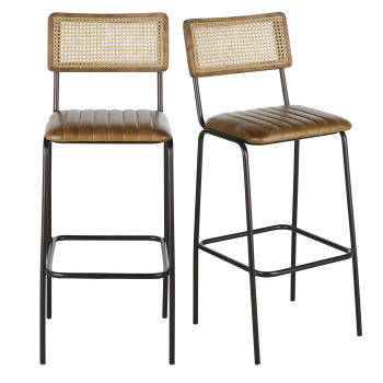 Dalston Business - Cadeiras de bar profissionais em couro castanho, metal preto e palhinha de rattan (x2)