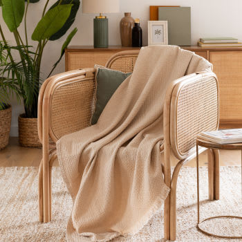 IRAJA - Decke aus gewebter Baumwolle mit Waffelmuster und Fransen, beige, 130x170cm
