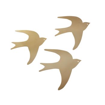 HIRONDELLES - Decoración de pared con pájaros de metal dorado (x3) 25 x 25 cm