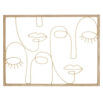 Decoración de pared de rostros abstractos de madera de pino y ratán beige 121 x 88