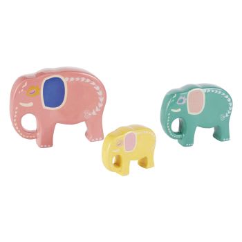 Deko-Elefanten aus Keramik, rosa, blau und gelb, Set aus 3
