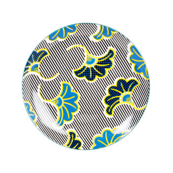 ASHANTIA - Set aus 3 - Dessertteller, Porzellan mit blauem, gelb und schwarzem Blumenmotiv