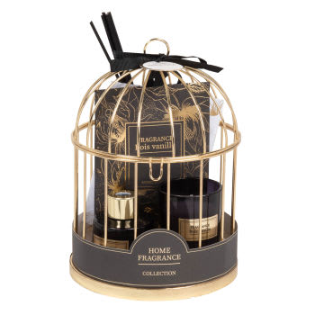 VIENNE - Difusor de cristal, bolsitas y vela perfumadas (45g) con soporte de jaula de metal dorado