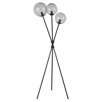 Dreibein-Stehleuchte aus schwarzem Metall mit Kugelschirmen aus Rauchglas, H152cm
