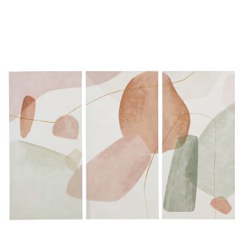 ORGANIC - Dreiteilige, bedruckte und bemalte Leinwand, rosa, grün und beige, 131x90cm