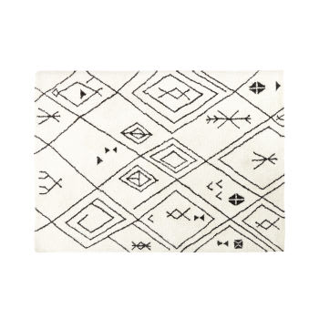 Ecru getuft tapijt in berberse stijl met zwarte, grafische motieven 140x200