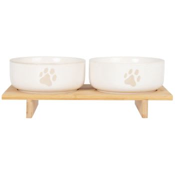 KRAFT - Ecru stoneware pet bowls (x2) and bamboo stand
